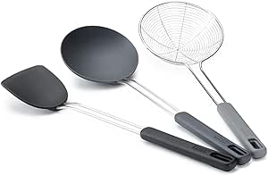 Joseph Joseph Nest Fusion Compact Wok Silicone Turner, Silicone Spoon and Wire Skimmer Set, One Size, Black, 3-Piece