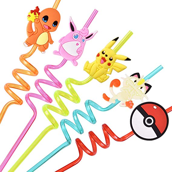 Pokemon Party Supplies Drinking Plastic Straws Reusable For Baby Kids Pokemon Birthday favors With cleaning brush (25PCS)