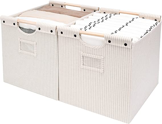 StorageWorks Closet Baskets, Decorative Storage Bins for Shelf, Collapsible Fabric Baskets with Wooden handles for Organizing, Beige Stripes, Jumbo, 2 Pack, 12 ¾" L x 15" W x 12 ¾" H