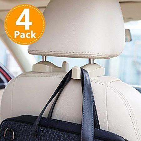 CHITRONIC 4 PCS Universal Car Seat Back Headrest Hanger Hooks (Beige) Storage for Purse Groceries Bag Handbag