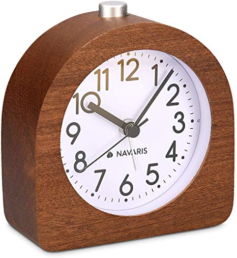 Navaris Analogue Wooden Alarm Clock - Retro Table Clock with Half Round Design Snooze Function and Alarm Face Light - Natural Wood in Dark Brown