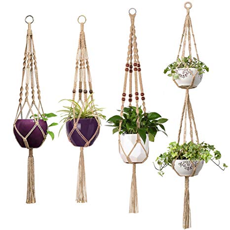 Mkono 4 Pcs Macrame Plant Hangers Indoor Outdoor Hanging Planter Basket Jute Rope Flower Pot Holder Boho Hippie Style