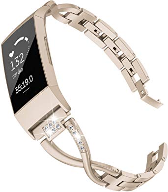 Wearlizer Compatible with Fitbit Charge 3 Bands and Charge 3 SE for Women Metal Replacement Charge 3 hr Band Strap with Bling Rhinestone Bracelet Bangle (Champagne Gold)