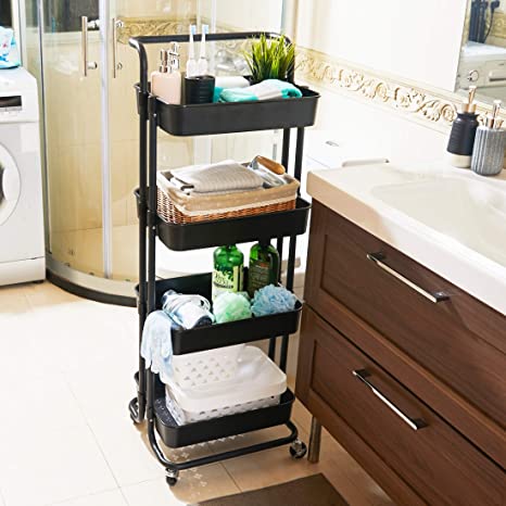 DTK 4 Tier Utility Rolling Cart with Wheels, Storage Kitchen Organizer Craft Cart with Shelves, Trolley Mobile Cart for Office, Kitchen, Bathroom (Black) Frank