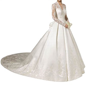 MILANO BRIDE Muslim Wedding Dresses V-Neck Long Sleeves Ball Gown Floral Lace
