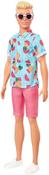 Barbie Ken Fashionistas Doll #152 with Sculpted Blonde Hair Wearing Blue Tropical-Print Shirt, Coral Shorts, White Shoes & White Sunglasses, Toy for Kids 3 to 8 Years Old