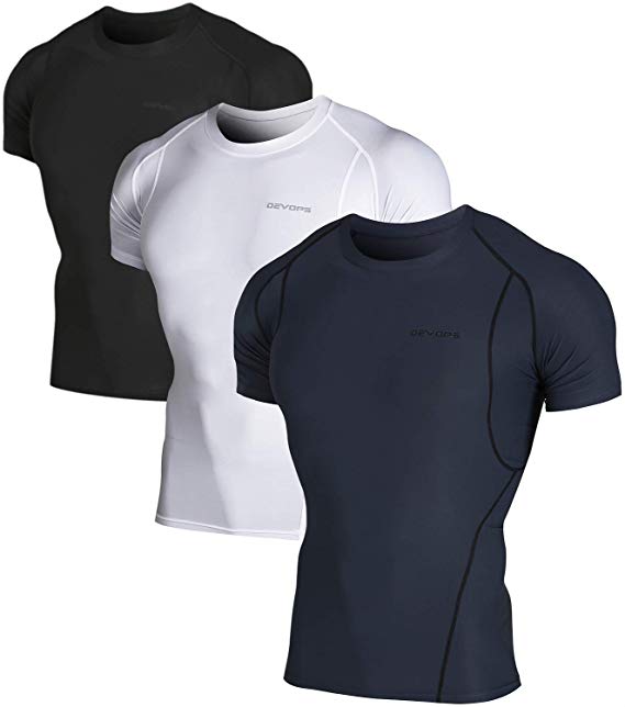 DEVOPS Men's 3 Pack Cool Dry Athletic Compression Short Sleeve Baselayer Workout T-Shirts