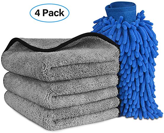 Microfiber Car Wash Towels Mitt Kit - Super Absorbent Microfiber Cleaning Towels Lint Free, Premium Professional Soft Microfiber Towels and Wash Mitt for Car/Windows/Screen/Tire (3 Towels   1 Mitt)