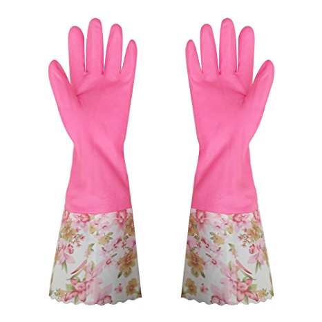 FireBee Rubber Cleaning Gloves Thickening Waterproof Kitchen Dishwashing Gloves with Lining Household Latex Gloves (Pink,1 Pair)