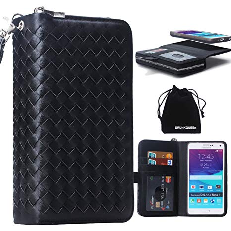 DRUnKQUEEn Note 4 Case, Leather Zipper Wallet Credit Card Case Premium Skin Purse Handbag Style Detachable Removable Magnetic Shell Cover with Wrist Strap for Samsung Galaxy Note4 N910