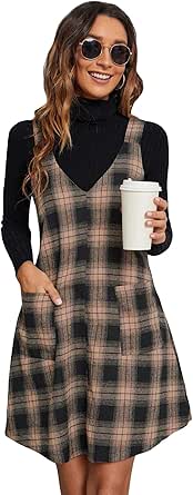 Milumia Women's Plaid V Neck Pinafore Overall Short Dress Losse Mini Jumper Dress with Pockets