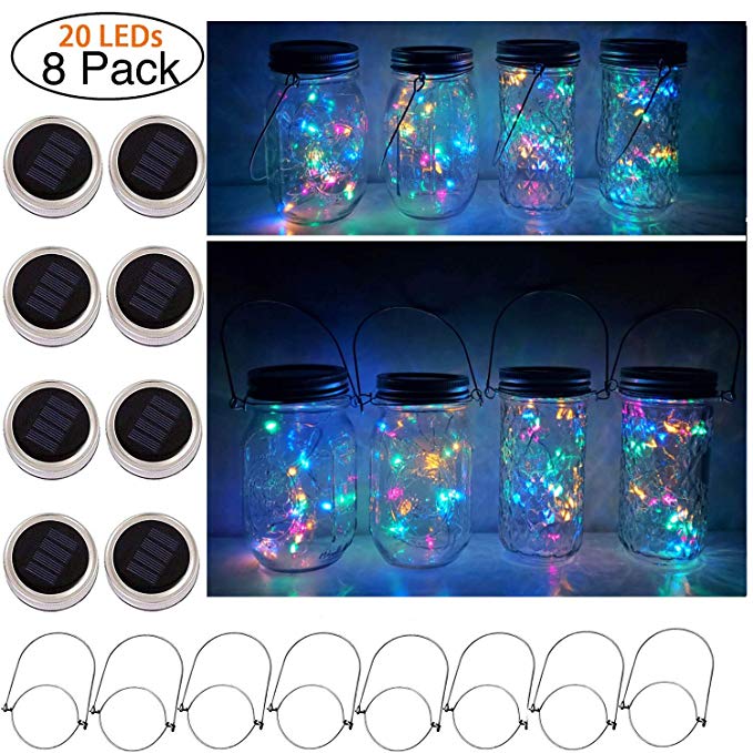 Cynzia Solar Mason Jar Lid Lights, 8 Pack 20 LED Waterproof Fairy Star Firefly String Lights with 8 Hangers (Jar Not Included), for Mason Jar Lantern Table Garden Wedding Party Decor (4 Colors)