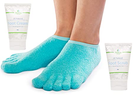 NatraCure Foot Repair Kit Bundle - 5-Toe Moisturizing Gel Socks, Foot Cream and Foot Scrub - (Helps Repair Dry Feet, Cracked Heels, Calluses, Cuticles, Rough Skin, Dead Skin)