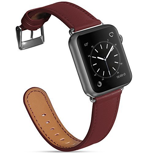 Compatible with Apple Watch Band, COVERY 42MM Compatible iWatch Band Genuine Leather Strap Stainless Metal Buckle Compatible with Apple Watch Series 3, Series 2, Series 1, Sport & Edition-Bordeaux