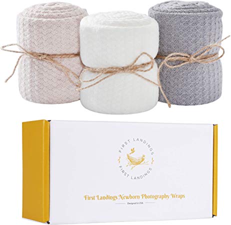 First Landings Baby Wrap | Set of 3 Premium Knit Wraps | Newborn Photography Props for Boy or Girl Photoshoot | Unisex Newborn Receiving Blankets or Baby Swaddle Wrap