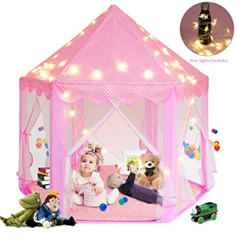Sunba Youth Girls Princess Castle Play Tent, Super Fantasy Pink Playhouse Canopy Tent with LED Star Light for Children Indoor and Outdoor