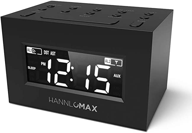 HANNLOMAX HX-111CR Alarm Clock Radio, PLL AM/FM Radio, Dual Alarm, Digital Clock, White LCD Display, Auto DST, Aux-in Jack for Audio Device Connection