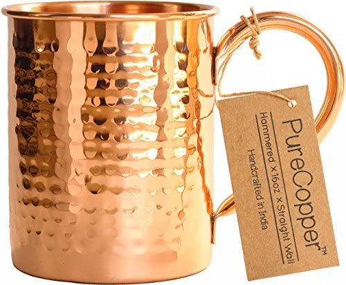 100% Copper Mug for Moscow Mule - 16oz Hammered Pure Copper Thick Straight Wall