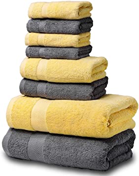 SEMAXE Luxury Bath Towel Set. Hotel & Spa Quality. 2 Large Bath Towels, 2 Hand Towels, 4 Washcloths. Premium Collection Bathroom Towels. Soft, Plush and Highly Absorbent. (Yellow Grey, 8 Towel Set)