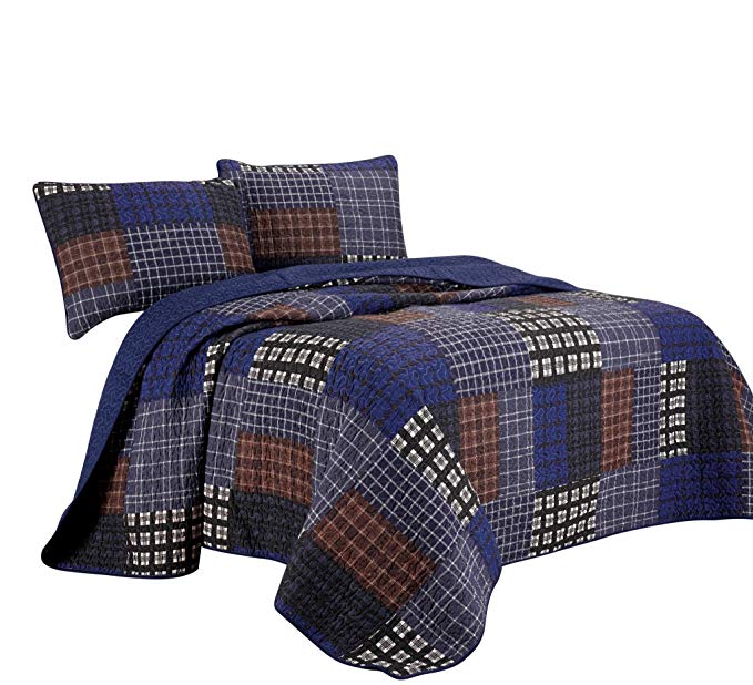 Chezmoi Collection Sherman 3-Piece Printed Plaid Patchwork 100% Washed Microfiber Quilt Set Queen Size