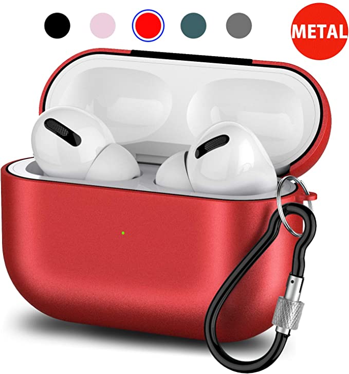 Metal Airpods Pro Case Cover, Upgraded Protective Skin Accessories Compatible Airpods Pro Wireless Charging with Keychain [Front LED Visible] (Red)