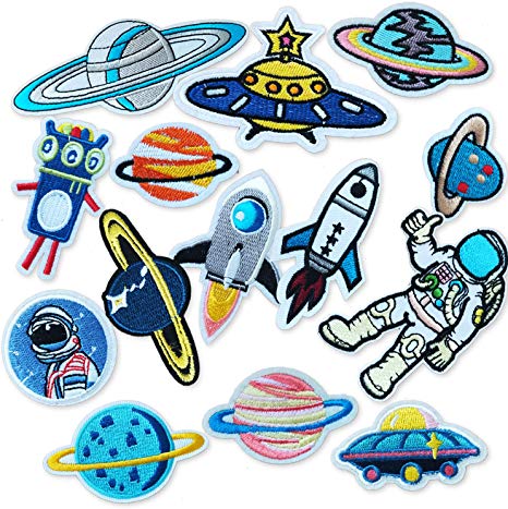 Iron On/Sew On Embroidered Patches 14 Pcs Space Planet Astronaut Applique Stickers for Clothes Jackets Hats Backpacks Jeans, Repair The Hole Stick