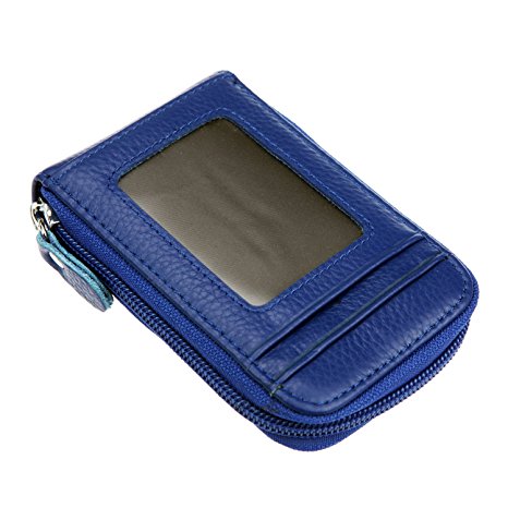 DEEZOMO RFID Blocking Genuine Leather Mini Credit Card Case Organizer Compact Wallet with ID Window