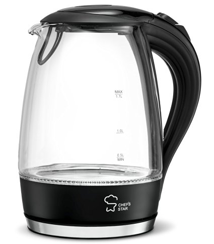 Chef's Star Borosilicate Glass Electric Kettle, 1.7 Liter (Black) Electric Tea Kettle