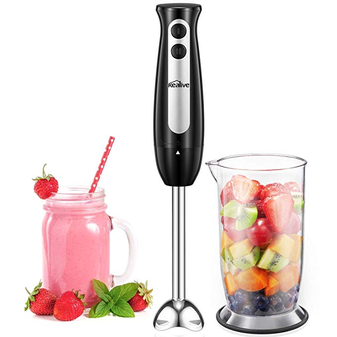 Kealive Hand Blender Stick Mixer with 2-Speed Control Includes 700ml BPA-Free Mixing Beaker Stainless Steel Blades Detachable Shaft, Black