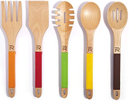 Riveira Wooden Cooking Utensils Set 5-Piece Nonstick Kitchen Utensil with Silicone Handles Gift for Everyday Use