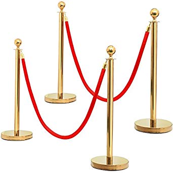 Yaheetech Stanchions and Velvet Ropes Gold Round Top Stainless Steel Stanchion Crowd Control Barrier Posts w/6.5' Red Rope （4-Pack）