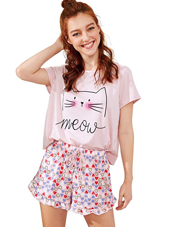 DIDK Women's Kitty Cat Print Ruffles Short Pajama Set