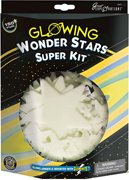 Great Explorations Wonder Stars Super Kit Glow In The Dark Ceiling Stars 150Piece In 4 Sizes Reusable Adhesive Putty & Constellation Star Map Lifetime Glow Guarantee