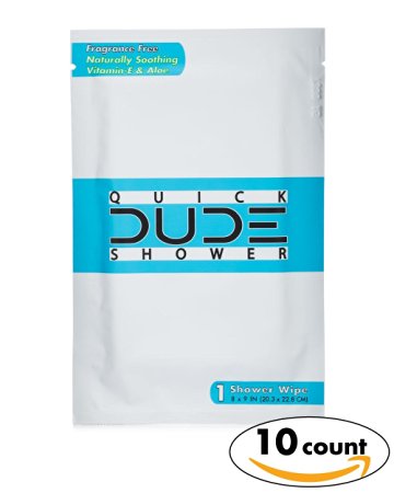 Quick DUDE Shower Body Wipes, 10pk On-The-Go Singles for Travel, Unscented, Naturally Soothing Aloe and Hypoallergenic