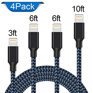 Lightning Cable,ONSONCharger Cables 4Pack 3FT 6FT 6FT 10FT to USB Syncing and Charging Cable Data Nylon Braided Cord Charger for iPhone 7/7 Plus/6/6 Plus/6s/6s Plus/5/5s/5c/SE and more (Black&Blue)