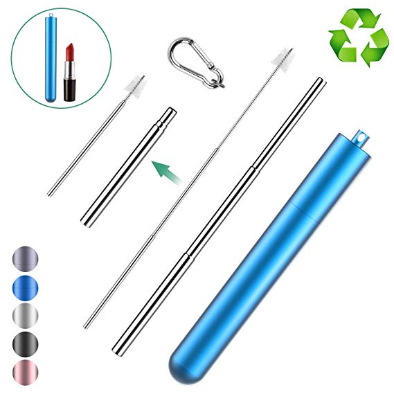 Telescopic Reusable Straws, Portable Stainless Steel Metal Drinking Straw Collapsible Reusable Straw with Case, Cleaning Brush and Keychain, BPA Free FDA Approved, Blue