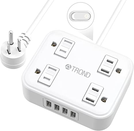 TROND Flat Plug Power Bar - USB Power Strip with Baby Proofing Outlet Slide Covers, 4 Outlets 4 USB Ports, 5ft Extension Cord Indoor Desk Power Bar, Wall Mount for Home, Office, Cruise Travel, White