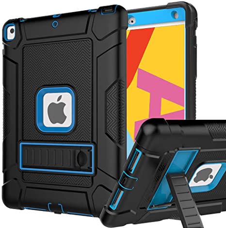 AVAWO iPad 7th Generation Case, iPad 10.2 2019 case, Rugged Heavy Duty Shockproof Slim Protective Case with Stable Built-in Kickstand for New Apple iPad 7th Generation 10.2-inch 2019, Blue and Black