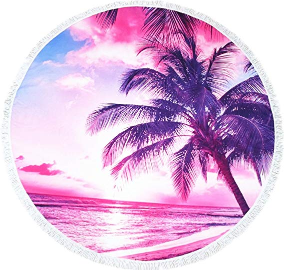 Microfiber Round Beach Towel Blanket-2019 New Oversized Thick High Colour Fastness Super Water Absorbent Beach Towels 62 Inch Large Great Gift Idea Purple Tropical Palm