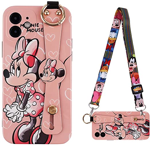 HaRuion Kickstand Case Compatible with iPhone 12 6.1 Inch, Cute Cartoon Pattern Soft TPU Dropproof Protective Phone Cover with Wrist Strap and Lanyard for Women and Girls (Minnie)