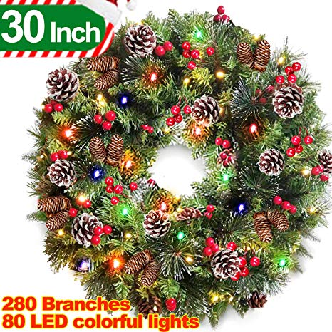 30 Inch Christmas Wreath Garland Decoration, Battery Operated with 80 LED Lights 280 Branches 12 Pine Cones 60 Pcs Red Berries Snowflakes for Christmas party Indoor Outdoor