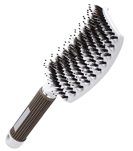 Boar Bristle and Nylon Curved Vented Hair Brush for Fast Blow Drying Detangling and Head Massage Hair Styling (White)