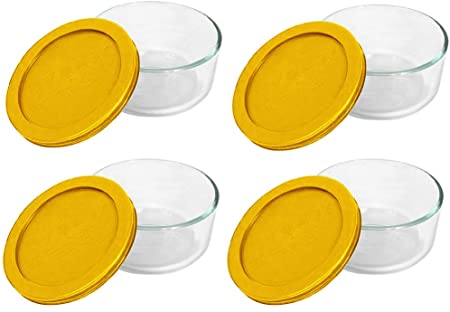 Pyrex Storage Plus 2-Cup Round Glass Food Storage Dish, Yellow Cover (4 Pack)