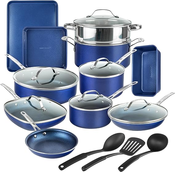 Granitestone 20 Pc Pots and Pans Set Non Stick Cookware Set, Kitchen Cookware Sets, Pot and Pan Set, Pot Set, Diamond Coated Nonstick Cookware Set with Lids Utensils, Non Toxic, Dishwasher Safe, Blue