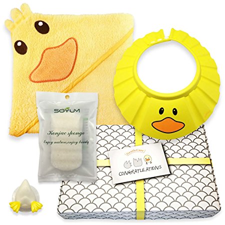Gentle Care – Baby Shower Bath Gift Set - Soft 100% Cotton Hooded Bath Towel + Natural, Hypo-allergenic Konjac Sponge + Adjustable Foam Shampoo Cap + Beautifully Packaged