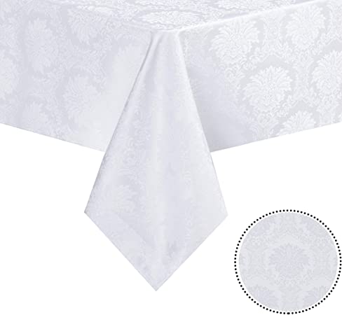 sancua Damask Fabric Rectangle Table Cloth, Wrinkle, Stain and Water Resistant Tablecloth, Table Cover Protector for Dining Room Table, Party, Indoor and Outdoor Use, 60 x 84 Inch, White