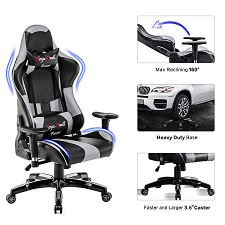 YOUTHUP Black Grey Gaming Chair Ergonomic Reclining Computer Gaming Chair Office Chair High Back Racing Chair for Adults with Headrest and Lumbar Support