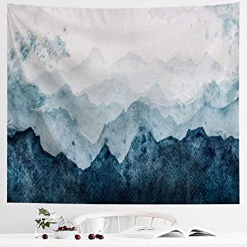 IcosaMro Mountain Tapestry Watercolor Nature Wall Hanging for Bedroom [Double-Folded Hems] Landscape Green Trees Scenery Wall Blanket for Living Room Dorm, 51x60, Blue