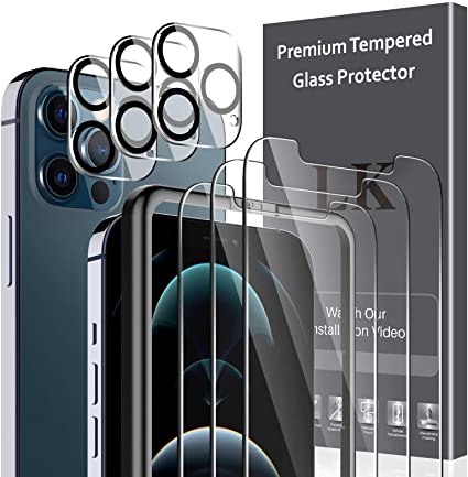 6 Pack LK 3Pcs Screen Protector Compatible with iPhone 12 Pro - 6.1 inch & 3Pcs Camera Lens Protector Anti-Scratch Easy-Installation Tool Tempered Glass 9H Hardness Compatible with iPhone 12 Pro - 6.1 inch, Not Compatible with iPhone 12 - 6.1 inch