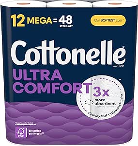 Cottonelle Ultra Comfort Toilet Paper, Strong Toilet Tissue, 12 Mega Rolls (12 Mega Rolls = 48 Regular Rolls), 244 Sheets per Roll, Packaging May Vary